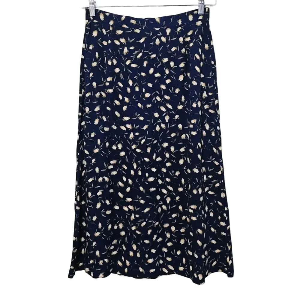 R&K Originals Midi Skirt Women's Size 10 Vintage 80's Navy Floral Boho Resort